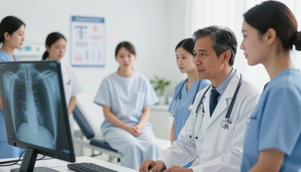 A medical scene depicting a chest X-ray on a digital monitor in a well-lit examination room. In the foreground, a diverse group of medical professionals, including a male doctor in a white coat and a female nurse in scrubs, intently reviewing the X-ray image. Their expressions reflect concentration and professionalism. In the middle ground, an upright patient sitting on an examination table, wearing a hospital gown, appearing calm and cooperative. The background features medical charts and a clean, organized space, with soft, natural lighting creating a calm atmosphere. Incorporate a shallow depth of field to emphasize the foreground figures, enhancing the serious yet hopeful mood of the scene.