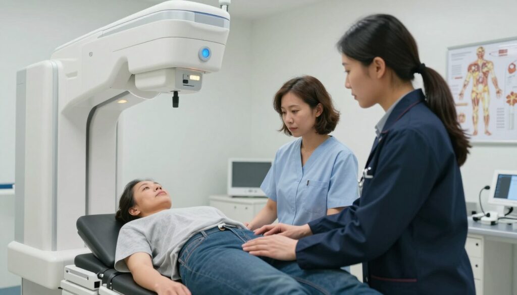 A medical setting depicting the preparation for a pelvic X-ray examination. In the foreground, a healthcare professional in business attire is guiding a patient of various ethnicities, both appearing calm and focused. The middle ground features an X-ray machine, clearly detailed with visible controls and lights, set up in a well-lit, sterile examination room. The background includes anatomical charts and medical equipment, emphasizing a clinical atmosphere. Soft, bright lighting highlights the professionalism of the environment, with subtle shadows adding depth. The angle should capture both the patient and the professional, showing the interaction and focus on care and safety, creating a reassuring mood for viewers. A medical setting depicting the preparation for a pelvic X-ray examination. In the foreground, a healthcare professional in business attire is guiding a patient of various ethnicities, both appearing calm and focused. The middle ground features an X-ray machine, clearly detailed with visible controls and lights, set up in a well-lit, sterile examination room. The background includes anatomical charts and medical equipment, emphasizing a clinical atmosphere. Soft, bright lighting highlights the professionalism of the environment, with subtle shadows adding depth. The angle should capture both the patient and the professional, showing the interaction and focus on care and safety, creating a reassuring mood for viewers.