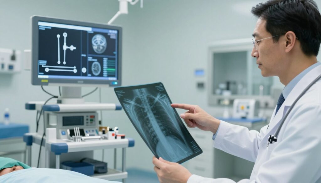 A medical setting illustrating the treatment methods for bowel obstruction. In the foreground, a compassionate doctor in professional attire examines an X-ray, pointing to areas suggesting potential problems. In the middle ground, a high-tech medical display shows treatment options like endoscopy tools and surgical instruments arranged neatly. The background features an operating room with soft, sterile lighting and equipment, emphasizing a calm, clinical atmosphere. The scene is framed from a slightly elevated angle to provide depth, capturing the intensity and seriousness of the situation while maintaining a professional tone. The overall mood is focused and informative, suitable for a medical article. A medical setting illustrating the treatment methods for bowel obstruction. In the foreground, a compassionate doctor in professional attire examines an X-ray, pointing to areas suggesting potential problems. In the middle ground, a high-tech medical display shows treatment options like endoscopy tools and surgical instruments arranged neatly. The background features an operating room with soft, sterile lighting and equipment, emphasizing a calm, clinical atmosphere. The scene is framed from a slightly elevated angle to provide depth, capturing the intensity and seriousness of the situation while maintaining a professional tone. The overall mood is focused and informative, suitable for a medical article.
