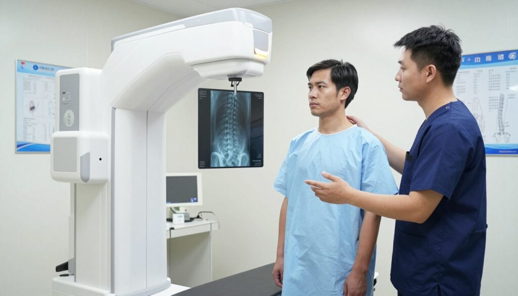 A modern X-ray examination room, vividly depicting the process of spinal X-ray imaging. In the foreground, a patient in a standard hospital gown stands next to an X-ray machine, looking calm and composed, guided by a professional radiologic technologist, who wears a scrub uniform and explains the procedure. In the middle, the X-ray machine is positioned to capture detailed images of the spine, with the control panel illuminated by soft light. The background reveals medical charts and posters on the walls, providing an informative atmosphere relevant to patient care. Bright, sterile lighting enhances the clinical environment, evoking a sense of professionalism and safety. The view is slightly angled to give a comprehensive perspective of the room and equipment. A modern X-ray examination room, vividly depicting the process of spinal X-ray imaging. In the foreground, a patient in a standard hospital gown stands next to an X-ray machine, looking calm and composed, guided by a professional radiologic technologist, who wears a scrub uniform and explains the procedure. In the middle, the X-ray machine is positioned to capture detailed images of the spine, with the control panel illuminated by soft light. The background reveals medical charts and posters on the walls, providing an informative atmosphere relevant to patient care. Bright, sterile lighting enhances the clinical environment, evoking a sense of professionalism and safety. The view is slightly angled to give a comprehensive perspective of the room and equipment.
