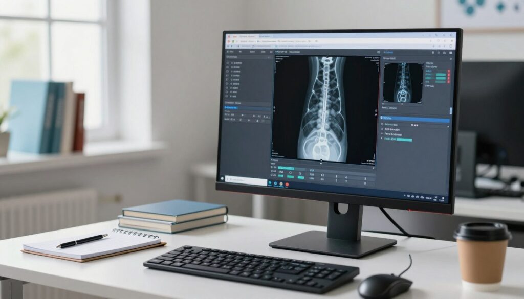 A modern computer workstation featuring a DICOM viewer software interface open on the screen, displaying detailed radiographic images such as X-rays. In the foreground, a sleek monitor with vibrant colors showcases various toolbars and diagnostic data. The middle layer includes a clean, ergonomic desk setup with a high-quality mouse and keyboard, alongside a notepad and a coffee cup for ambiance. The background features soft-focus medical books and a window with soft, natural lighting illuminating the scene, creating a calm and professional atmosphere. The overall mood is one of focus and clarity, ideal for a healthcare setting. The image should evoke a sense of advanced technology and accessibility in handling medical imaging data. A modern computer workstation featuring a DICOM viewer software interface open on the screen, displaying detailed radiographic images such as X-rays. In the foreground, a sleek monitor with vibrant colors showcases various toolbars and diagnostic data. The middle layer includes a clean, ergonomic desk setup with a high-quality mouse and keyboard, alongside a notepad and a coffee cup for ambiance. The background features soft-focus medical books and a window with soft, natural lighting illuminating the scene, creating a calm and professional atmosphere. The overall mood is one of focus and clarity, ideal for a healthcare setting. The image should evoke a sense of advanced technology and accessibility in handling medical imaging data.