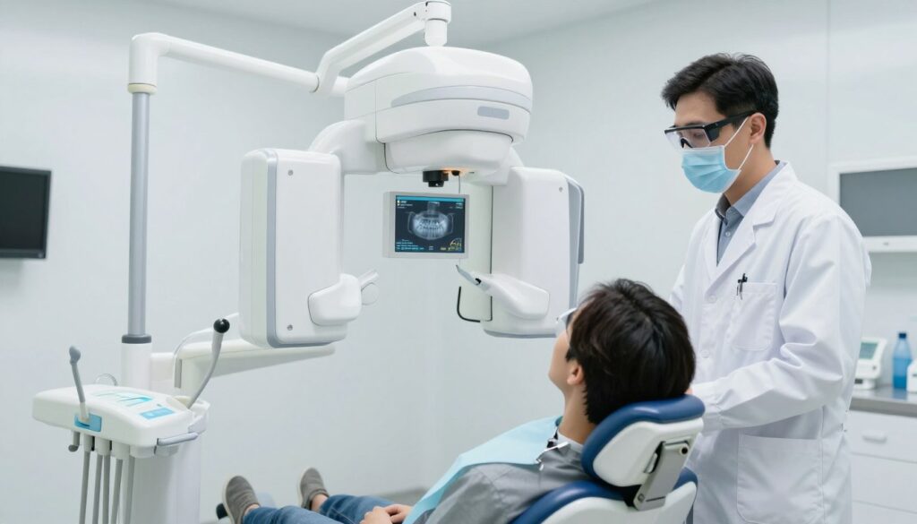 A modern dental X-ray room showcasing the safety measures in dental imaging. In the foreground, a professional dentist, wearing a lab coat and safety goggles, stands beside a patient seated in a dental chair. The patient is calmly awaiting a dental X-ray session, wearing a lead apron for protection. In the middle, a high-tech X-ray machine is prominently displayed, with indicators showing the instrument's readiness. The background features bright, sterile white walls and advanced dental imaging equipment, all well-lit with soft, diffused lighting that evokes a feeling of safety and professionalism. The atmosphere is calm and reassuring, emphasizing the importance of safety in modern dental imaging techniques. A modern dental X-ray room showcasing the safety measures in dental imaging. In the foreground, a professional dentist, wearing a lab coat and safety goggles, stands beside a patient seated in a dental chair. The patient is calmly awaiting a dental X-ray session, wearing a lead apron for protection. In the middle, a high-tech X-ray machine is prominently displayed, with indicators showing the instrument's readiness. The background features bright, sterile white walls and advanced dental imaging equipment, all well-lit with soft, diffused lighting that evokes a feeling of safety and professionalism. The atmosphere is calm and reassuring, emphasizing the importance of safety in modern dental imaging techniques.