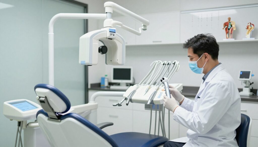 A modern dental clinic interior, showcasing a range of dental examination tools and equipment. In the foreground, a dental chair with a professional dentist in a white coat, wearing gloves and a mask, preparing for an examination. The middle ground features various dental imaging devices, such as an X-ray machine and an intraoral scanner, all well-lit to highlight their technical details. The background displays a clean, organized workspace with dental charts and anatomical models, illuminated by soft overhead lighting that creates a calm and professional atmosphere. The overall mood should convey trust, cleanliness, and modernity, reflecting the importance of dental examinations and their formal requirements. A modern dental clinic interior, showcasing a range of dental examination tools and equipment. In the foreground, a dental chair with a professional dentist in a white coat, wearing gloves and a mask, preparing for an examination. The middle ground features various dental imaging devices, such as an X-ray machine and an intraoral scanner, all well-lit to highlight their technical details. The background displays a clean, organized workspace with dental charts and anatomical models, illuminated by soft overhead lighting that creates a calm and professional atmosphere. The overall mood should convey trust, cleanliness, and modernity, reflecting the importance of dental examinations and their formal requirements.