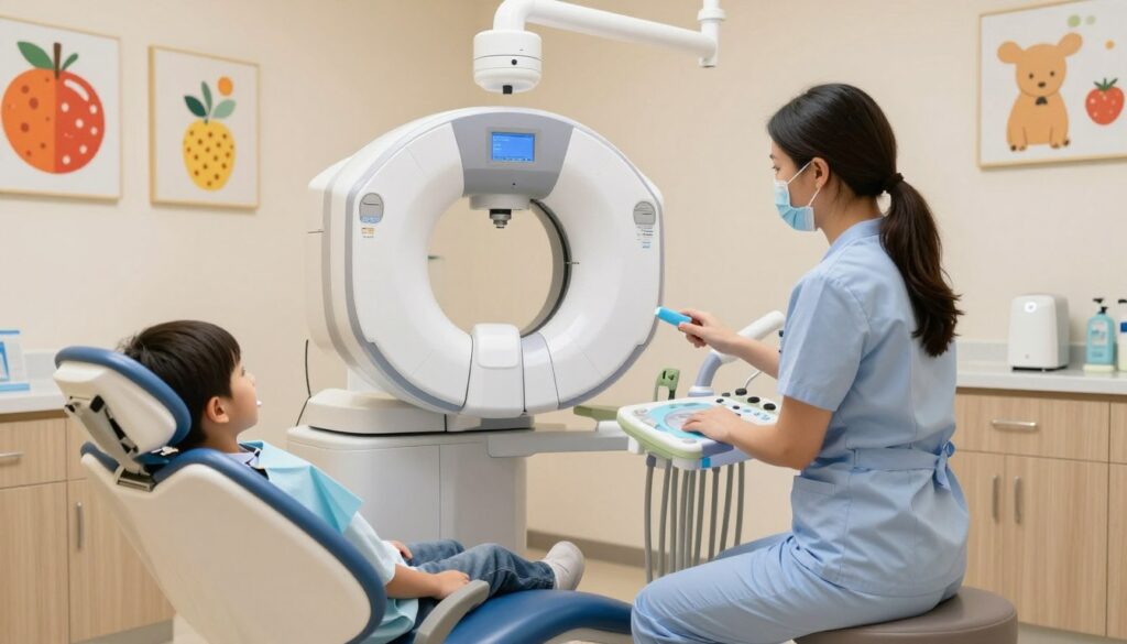 A modern dental clinic interior showcasing advanced diagnostic technology with a focus on safety. In the foreground, a child-friendly dental chair is visible, designed with bright colors and soft materials, symbolizing comfort and care. In the middle, a sleek digital X-ray machine is positioned, emphasizing cutting-edge technology, with an operator in professional attire attentively monitoring the process. The background features soft, warm lighting and cheerful, colorful wall art depicting fruits and animals, creating a welcoming atmosphere. The scene conveys a sense of safety and reassurance in dental diagnostics, inviting parents to trust in modern medical practices. The overall mood is calm and professional, highlighting the importance of safety in child dental care.