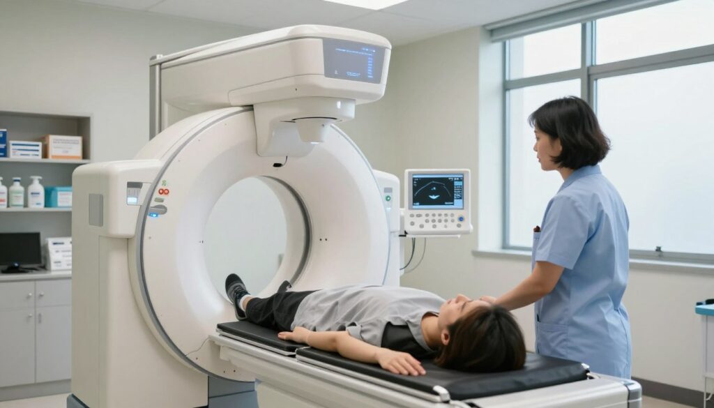 A modern medical imaging room featuring advanced X-ray machines that utilize cutting-edge technology to reduce radiation dose. In the foreground, a skilled radiologic technologist in professional attire operates the machine, positioning a patient who is lying on an examination table. The middle layer showcases the intricate control panel of the X-ray equipment, glowing softly under controlled lighting. The background includes shelves stocked with medical imaging supplies, and a large window allowing soft natural light to flood the room, creating an atmosphere of professionalism and trust. The overall mood is one of innovation and safety, emphasizing the advancements in radiographic technology.
