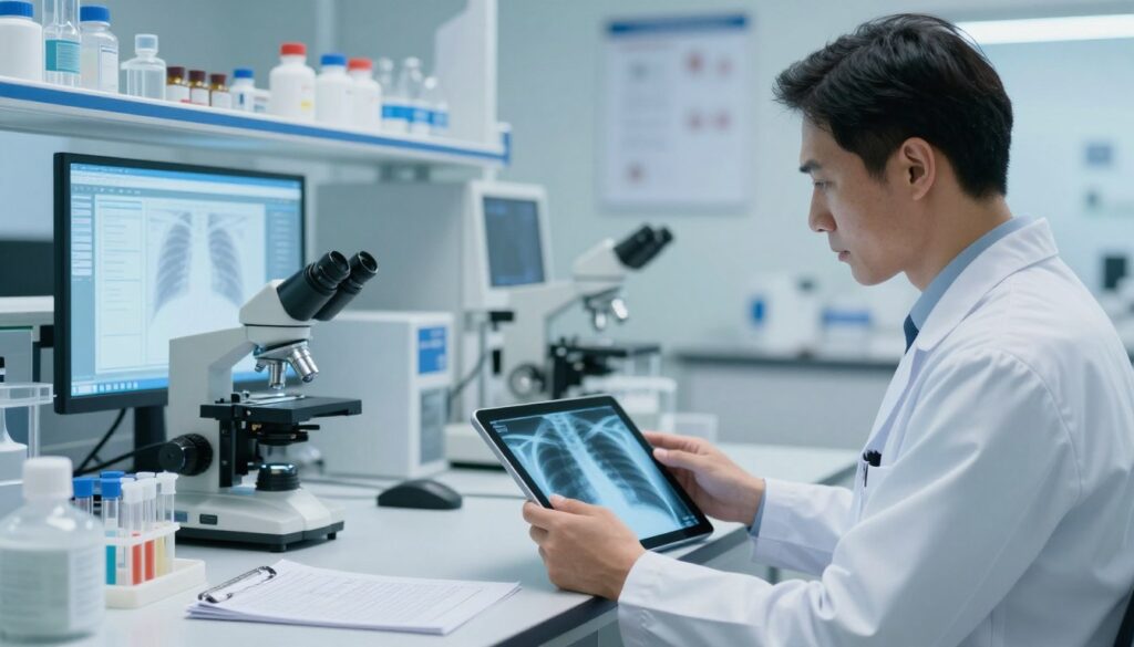 A modern medical laboratory scene showcasing a chest X-ray being analyzed. In the foreground, a focused healthcare professional in a white lab coat examines the X-ray image on a digital tablet, surrounded by various medical instruments and charts. The middle ground features an organized lab bench with a microscope, test tubes, and a glowing display showing lab results related to respiratory health. In the background, soft blue and white tones create a sterile atmosphere, with high-tech equipment and medical posters on the walls. The lighting is bright and clinical, emphasizing the importance of precision in laboratory diagnostics, while conveying a sense of urgency and professionalism in medical evaluation. A modern medical laboratory scene showcasing a chest X-ray being analyzed. In the foreground, a focused healthcare professional in a white lab coat examines the X-ray image on a digital tablet, surrounded by various medical instruments and charts. The middle ground features an organized lab bench with a microscope, test tubes, and a glowing display showing lab results related to respiratory health. In the background, soft blue and white tones create a sterile atmosphere, with high-tech equipment and medical posters on the walls. The lighting is bright and clinical, emphasizing the importance of precision in laboratory diagnostics, while conveying a sense of urgency and professionalism in medical evaluation.
