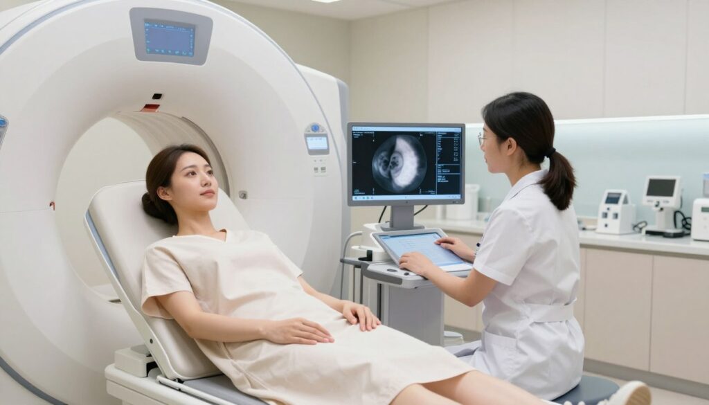 A modern medical office interior, focused on the process of breast tomosynthesis. In the foreground, a female patient in a modest hospital gown is positioned in a state-of-the-art tomosynthesis machine, displaying a look of calm and reassurance. In the middle, a radiologist in professional attire is attentively monitoring the imaging process on a digital screen, with images of breast scans vividly displayed. The background shows sleek medical equipment and soft lighting, creating a clean and professional atmosphere. The overall mood is one of innovation and trust, emphasizing the advancement of digital mammography technology. The composition captures a harmonious balance between the patient and medical professionals in a clinical setting.