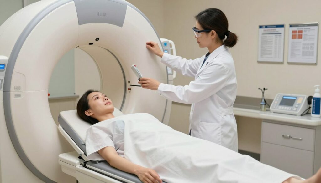 A modern, professional medical setting showcasing a mammography machine in use. In the foreground, a female patient, dressed in a modest hospital gown, is comfortably positioned for a breast imaging procedure, looking calm and confident. In the middle ground, a radiologist, wearing a white lab coat and safety glasses, is attentively adjusting the mammography equipment, highlighting the advanced technology involved in the process. The background features soft, ambient lighting that creates a serene atmosphere, complemented by clear, organized medical charts and equipment. The overall mood is one of professionalism and care, emphasizing the importance of modern mammography with tomosynthesis in women's health. The image should focus on the clarity and detail of the equipment, showcasing its significance in medical diagnostics. A modern, professional medical setting showcasing a mammography machine in use. In the foreground, a female patient, dressed in a modest hospital gown, is comfortably positioned for a breast imaging procedure, looking calm and confident. In the middle ground, a radiologist, wearing a white lab coat and safety glasses, is attentively adjusting the mammography equipment, highlighting the advanced technology involved in the process. The background features soft, ambient lighting that creates a serene atmosphere, complemented by clear, organized medical charts and equipment. The overall mood is one of professionalism and care, emphasizing the importance of modern mammography with tomosynthesis in women's health. The image should focus on the clarity and detail of the equipment, showcasing its significance in medical diagnostics.