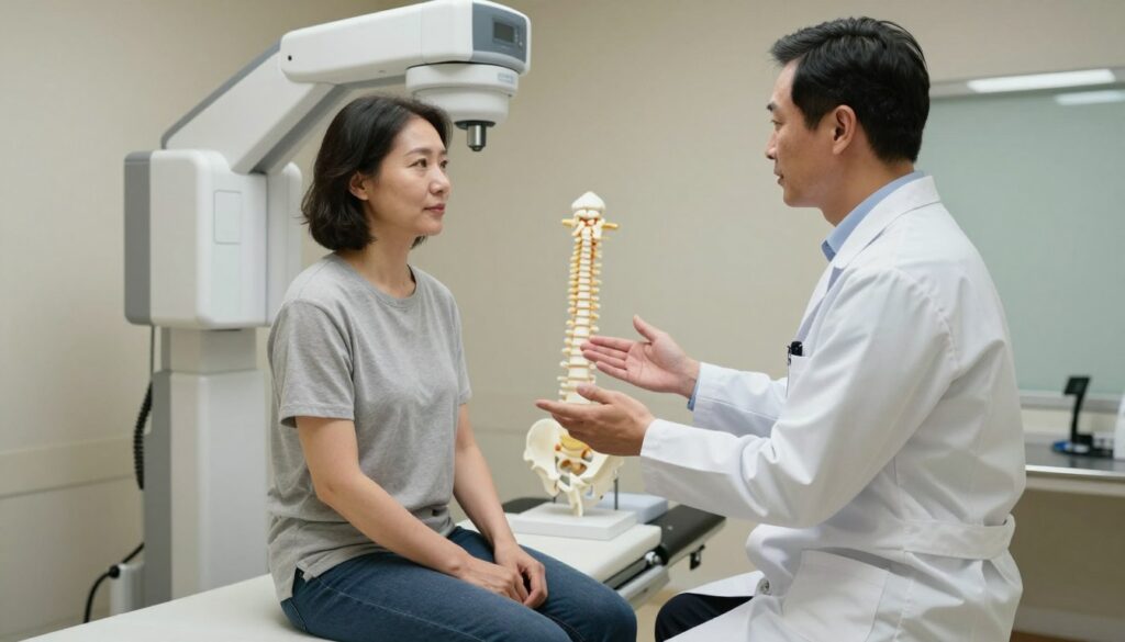 A professional and serene medical examination room focused on preparing for a spinal X-ray. In the foreground, a healthcare professional in a crisp white coat is explaining procedures to a patient dressed in modest casual clothing. The patient appears relaxed and attentive, sitting on the edge of an examination table. In the middle background, an X-ray machine and anatomical models of the lumbar spine are visible, demonstrating the technology used in the examination. Soft, diffused lighting creates a calm atmosphere, emphasizing the professionalism of the setting. The walls are painted in soothing colors, enhancing the sense of comfort and reassurance. The angle of the shot captures both the interaction between the healthcare professional and the patient, and the medical equipment, illustrating the preparation process effectively. A professional and serene medical examination room focused on preparing for a spinal X-ray. In the foreground, a healthcare professional in a crisp white coat is explaining procedures to a patient dressed in modest casual clothing. The patient appears relaxed and attentive, sitting on the edge of an examination table. In the middle background, an X-ray machine and anatomical models of the lumbar spine are visible, demonstrating the technology used in the examination. Soft, diffused lighting creates a calm atmosphere, emphasizing the professionalism of the setting. The walls are painted in soothing colors, enhancing the sense of comfort and reassurance. The angle of the shot captures both the interaction between the healthcare professional and the patient, and the medical equipment, illustrating the preparation process effectively.