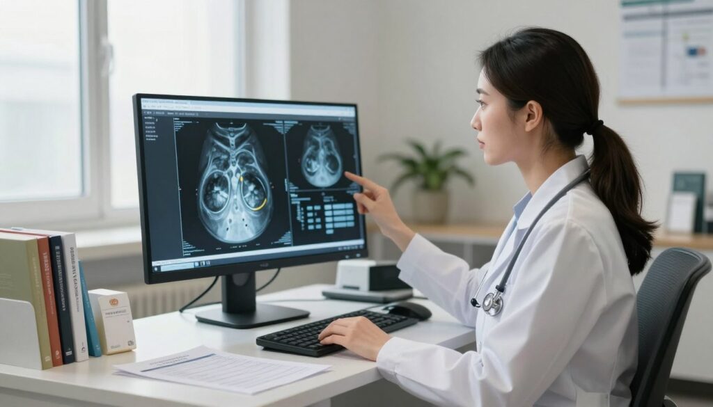 A professional female radiologist sitting at a modern workstation, analyzing mammography results displayed on a high-resolution computer screen. She is dressed in a white lab coat with a stethoscope around her neck, embodying expertise and confidence. In the foreground, the glowing screen shows detailed images of breast scans with labeled sections highlighting key areas of interest. The middle ground features a comfortable consultation room, with a neatly arranged desk, medical textbooks, and educational materials. The background includes a window with soft natural light filtering in, creating a calm and reassuring atmosphere. The overall mood is one of professionalism, encouragement, and clarity, emphasizing the importance of understanding medical results. A professional female radiologist sitting at a modern workstation, analyzing mammography results displayed on a high-resolution computer screen. She is dressed in a white lab coat with a stethoscope around her neck, embodying expertise and confidence. In the foreground, the glowing screen shows detailed images of breast scans with labeled sections highlighting key areas of interest. The middle ground features a comfortable consultation room, with a neatly arranged desk, medical textbooks, and educational materials. The background includes a window with soft natural light filtering in, creating a calm and reassuring atmosphere. The overall mood is one of professionalism, encouragement, and clarity, emphasizing the importance of understanding medical results.