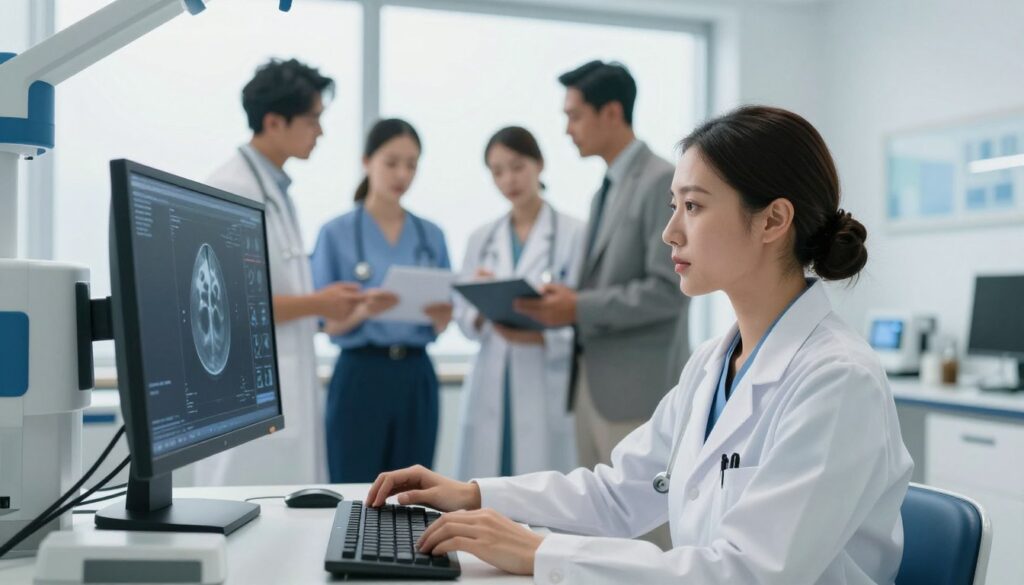 A professional healthcare setting focused on advanced diagnostics. In the foreground, a female doctor in a white coat, serious and focused, examines a digital mammography scan on a monitor, with high-tech medical equipment around her. In the middle ground, a diverse group of healthcare professionals collaborate, discussing findings and strategies, all in professional business attire. The background features large windows with natural light pouring in, creating a bright and hopeful atmosphere. Soft blue and white color palette enhances the sense of professionalism and calm. The composition should capture a feeling of thoroughness and analytical depth, emphasizing the importance of validating medical results.