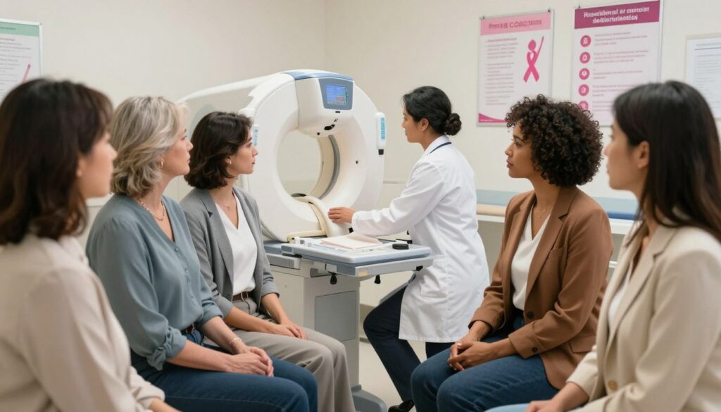 A professional healthcare setting focused on breast cancer screening. In the foreground, a diverse group of women in business attire, representing various ethnicities and ages, are engaged in a serious discussion about mammography. The middle ground features a mammogram machine, with a medical professional in a white coat operating it. The background includes informative posters about breast cancer awareness and risk factors. Soft, natural lighting illuminates the scene, creating a calm and clinical atmosphere. The angle of the shot highlights the interactions among the women and the importance of mammography for high-risk groups. The overall mood should be one of seriousness and empowerment, underscoring the importance of early detection and proactive health management.