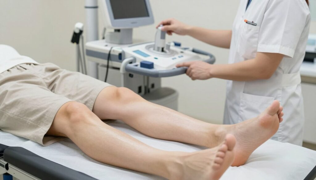 A professional medical environment, featuring a close-up of lower leg extremities, illustrating a patient preparing for a diagnostic imaging procedure. The foreground includes a patient’s legs, clad in modest, neutral-colored clothing, positioned on a radiology table. The middle ground shows a technician adjusting an X-ray machine, reflecting modern design and technology, emphasizing precision and attention to detail. In the background, soft, diffused lighting creates a calm atmosphere, enhancing the clinical but welcoming ambiance. The angle of the shot is slightly above the table, focusing on both the legs and the technician’s actions. Overall, the image conveys a sense of professionalism and preparation for medical diagnostics without distractions or text overlays. A professional medical environment, featuring a close-up of lower leg extremities, illustrating a patient preparing for a diagnostic imaging procedure. The foreground includes a patient’s legs, clad in modest, neutral-colored clothing, positioned on a radiology table. The middle ground shows a technician adjusting an X-ray machine, reflecting modern design and technology, emphasizing precision and attention to detail. In the background, soft, diffused lighting creates a calm atmosphere, enhancing the clinical but welcoming ambiance. The angle of the shot is slightly above the table, focusing on both the legs and the technician’s actions. Overall, the image conveys a sense of professionalism and preparation for medical diagnostics without distractions or text overlays.