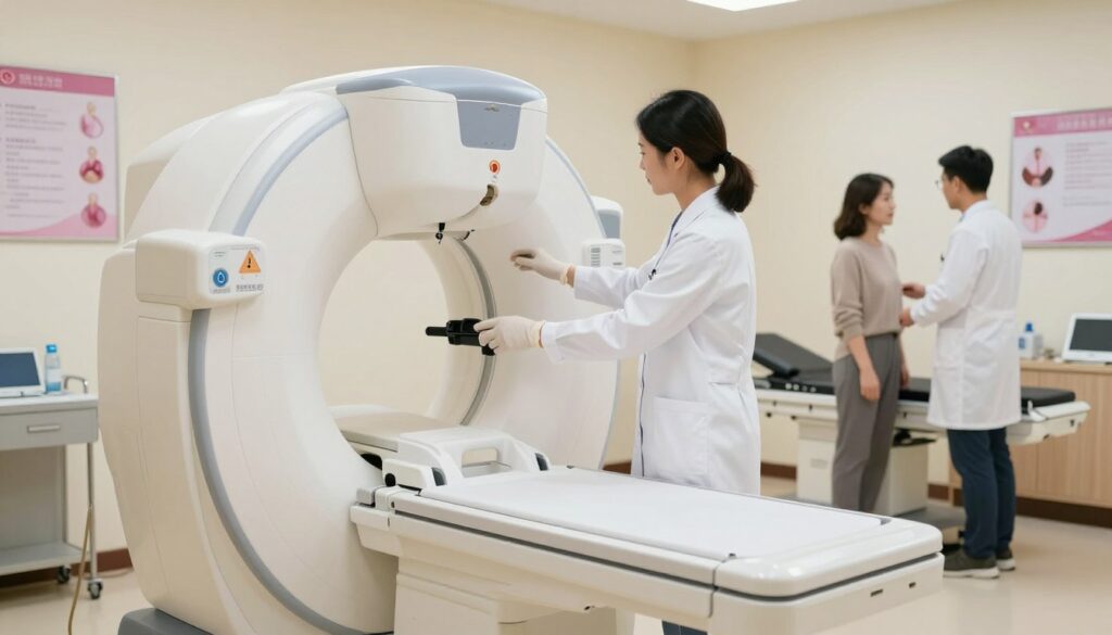 A professional medical setting featuring a mammography machine in focus. The foreground shows a well-organized, clean examination room with the mammography machine prominently displayed. In the middle ground, a healthcare professional in a white lab coat, wearing gloves, is preparing the machine, demonstrating a caring and attentive attitude. Soft, natural lighting illuminates the room, creating a calming atmosphere. The walls are painted in soothing colors, adorned with informative posters about breast health. In the background, a patient in modest casual clothing is being guided into the examination room, ensuring a respectful and professional environment. The image should convey trust, professionalism, and the importance of breast health screenings. A professional medical setting featuring a mammography machine in focus. The foreground shows a well-organized, clean examination room with the mammography machine prominently displayed. In the middle ground, a healthcare professional in a white lab coat, wearing gloves, is preparing the machine, demonstrating a caring and attentive attitude. Soft, natural lighting illuminates the room, creating a calming atmosphere. The walls are painted in soothing colors, adorned with informative posters about breast health. In the background, a patient in modest casual clothing is being guided into the examination room, ensuring a respectful and professional environment. The image should convey trust, professionalism, and the importance of breast health screenings.