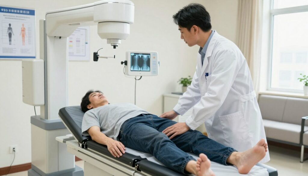 A professional medical setting illustrating the preparation for a spinal X-ray examination. In the foreground, a healthcare professional, dressed in a crisp lab coat, is guiding a patient in modest casual clothing, showing them how to position themselves on the X-ray table. The midground features the X-ray machine with its arm extended, ready for use, with a clear, bright view of the control panel. The background includes medical charts on a wall and a comfortable waiting area, softly illuminated by natural light from a window, creating a calm and reassuring atmosphere. The scene captures a moment of careful instruction, emphasizing the importance of preparation for clear imaging results. The angle is slightly elevated to encompass both the subject and the equipment effectively.