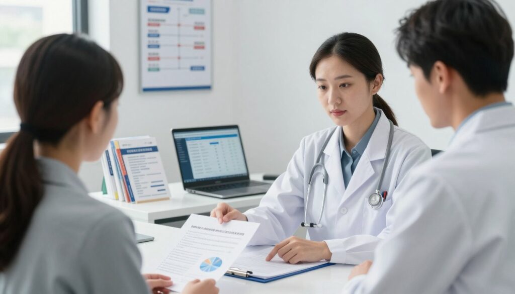 A professional, modern healthcare office setting, showcasing a detailed scene of a patient consultation regarding medical examinations and refund options. In the foreground, a doctor in a smart, professional outfit sits across from a patient, attentively discussing a document with charts and figures on reimbursement and costs. In the middle ground, a sleek desk contains medical brochures and an open laptop displaying a financial summary related to health services. In the background, a wall-mounted chart illustrating the procedure timelines and refund availability is visible. Soft but bright overhead lighting illuminates the scene, creating a reassuring and informative atmosphere. The overall mood is professional, focused, and supportive, emphasizing the consultation's importance in understanding healthcare funding options.