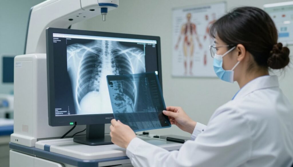 A professional radiology setting focusing on an X-ray machine used for rib imaging. In the foreground, a radiographer in a white lab coat carefully positions the X-ray film while wearing protective gear. The middle ground features a glowing monitor displaying the results of a rib X-ray, highlighting clear and detailed images of rib structures. The background includes medical equipment, anatomical charts of the human ribcage, and soft, diffused lighting to create a clean and sterile environment. The atmosphere is calm and focused, reflecting a clinical yet inviting vibe. Capture the scene from a slight angle to emphasize both the radiographer's concentration and the technology's precision. A professional radiology setting focusing on an X-ray machine used for rib imaging. In the foreground, a radiographer in a white lab coat carefully positions the X-ray film while wearing protective gear. The middle ground features a glowing monitor displaying the results of a rib X-ray, highlighting clear and detailed images of rib structures. The background includes medical equipment, anatomical charts of the human ribcage, and soft, diffused lighting to create a clean and sterile environment. The atmosphere is calm and focused, reflecting a clinical yet inviting vibe. Capture the scene from a slight angle to emphasize both the radiographer's concentration and the technology's precision.