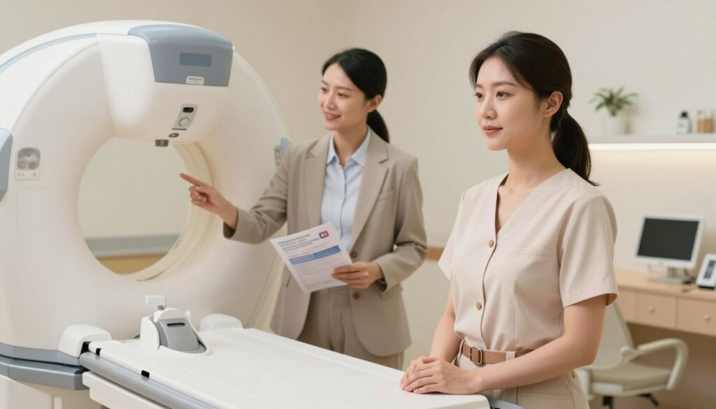 A serene and professional environment depicting a healthcare setting focused on breast health. In the foreground, a confident woman in modest professional attire stands next to a mammography machine, appearing calm and prepared. Her expression reflects trust in the process, conveying a sense of reassurance. In the middle ground, a friendly healthcare professional, also in business attire, is explaining the procedure, holding a brochure about mammography. The background displays a clean and modern medical facility with soft, natural lighting that enhances the friendly atmosphere. The color palette is warm and inviting, creating a comforting vibe, emphasizing the importance of preparation for the mammography process and promoting breast health awareness. A serene and professional environment depicting a healthcare setting focused on breast health. In the foreground, a confident woman in modest professional attire stands next to a mammography machine, appearing calm and prepared. Her expression reflects trust in the process, conveying a sense of reassurance. In the middle ground, a friendly healthcare professional, also in business attire, is explaining the procedure, holding a brochure about mammography. The background displays a clean and modern medical facility with soft, natural lighting that enhances the friendly atmosphere. The color palette is warm and inviting, creating a comforting vibe, emphasizing the importance of preparation for the mammography process and promoting breast health awareness.