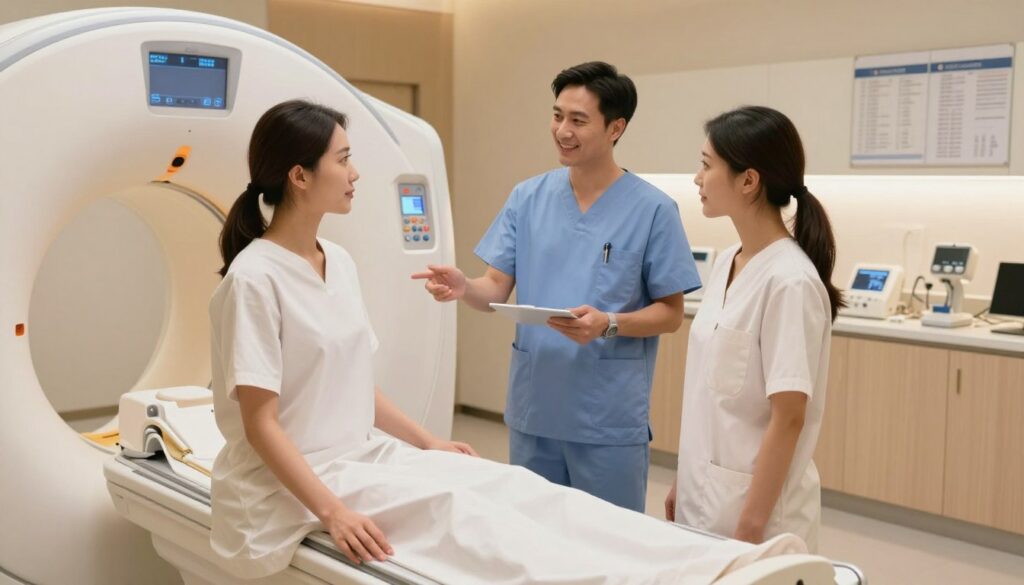 A serene and professional medical environment showcasing a preparation area for a breast MRI. In the foreground, a female patient wearing a medical gown stands beside a modern MRI machine, embodying a look of calm anticipation. The middle ground features a healthcare professional, dressed in scrubs, explaining the procedure with a reassuring smile. Soft, diffused lighting illuminates the room, creating a warm and inviting atmosphere, while medical charts and equipment are neatly organized on a nearby counter in the background. The setting conveys a sense of care and competence, emphasizing the importance of patient preparation for the diagnostic procedure. The scene is shot from a slightly elevated angle, providing an overview of the interaction, with focus on both the patient and the healthcare provider.