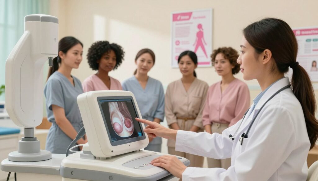 A serene clinic setting showing a diverse group of women in professional attire, focused on the importance of early breast cancer detection. In the foreground, a female doctor, with a compassionate expression, demonstrates a mammogram machine, pointing towards the screen displaying a medical image of breast tissue. In the middle, a diverse group of women, engaged in conversation, are listening attentively, their expressions reflecting hope and determination. The background features calming pastel colors and medical posters with educational content on breast health. Soft, natural lighting floods the space, casting gentle shadows, creating a warm yet professional atmosphere. The overall mood is one of empowerment, support, and awareness, highlighting the critical nature of early detection in breast cancer health. A serene clinic setting showing a diverse group of women in professional attire, focused on the importance of early breast cancer detection. In the foreground, a female doctor, with a compassionate expression, demonstrates a mammogram machine, pointing towards the screen displaying a medical image of breast tissue. In the middle, a diverse group of women, engaged in conversation, are listening attentively, their expressions reflecting hope and determination. The background features calming pastel colors and medical posters with educational content on breast health. Soft, natural lighting floods the space, casting gentle shadows, creating a warm yet professional atmosphere. The overall mood is one of empowerment, support, and awareness, highlighting the critical nature of early detection in breast cancer health.