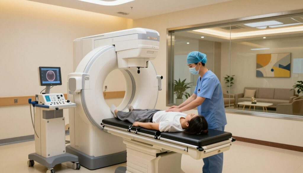 A serene hospital environment showcasing medical safety measures, focusing on a modern radiology room specifically designed for sinus imaging. In the foreground, a radiology technician in professional scrubs prepares a patient, who is calmly positioned on a high-tech X-ray table, surrounded by advanced imaging equipment. The middle layer captures the intricate details of the X-ray machinery and control panels, illuminated by soft, warm overhead lighting to create a welcoming atmosphere. In the background, a clear glass window reveals a peaceful waiting area with comfortable seating, plants, and calming artwork, emphasizing a sense of tranquility and care in a clinical setting. The overall mood conveys security, professionalism, and advanced medical technology, highlighting the importance of safety and radiation dose awareness.