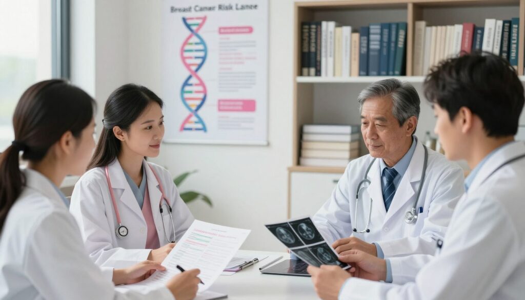 A serene medical office scene highlighting breast cancer genetic risk assessment. In the foreground, a diverse group of three healthcare professionals in professional attire (two women, one man) are engaged in a discussion around a table, examining genetic charts and mammography images. The middle ground features a large poster depicting DNA strands and statistics about breast cancer risk factors. The background includes a modern medical bookshelf filled with textbooks and journals, and a soft, diffused light filtering through a window, creating an inviting atmosphere. The angle is slightly above eye level, capturing both the engaged discussion and the informative materials, conveying a sense of hope and professionalism in genetic breast health. A serene medical office scene highlighting breast cancer genetic risk assessment. In the foreground, a diverse group of three healthcare professionals in professional attire (two women, one man) are engaged in a discussion around a table, examining genetic charts and mammography images. The middle ground features a large poster depicting DNA strands and statistics about breast cancer risk factors. The background includes a modern medical bookshelf filled with textbooks and journals, and a soft, diffused light filtering through a window, creating an inviting atmosphere. The angle is slightly above eye level, capturing both the engaged discussion and the informative materials, conveying a sense of hope and professionalism in genetic breast health.