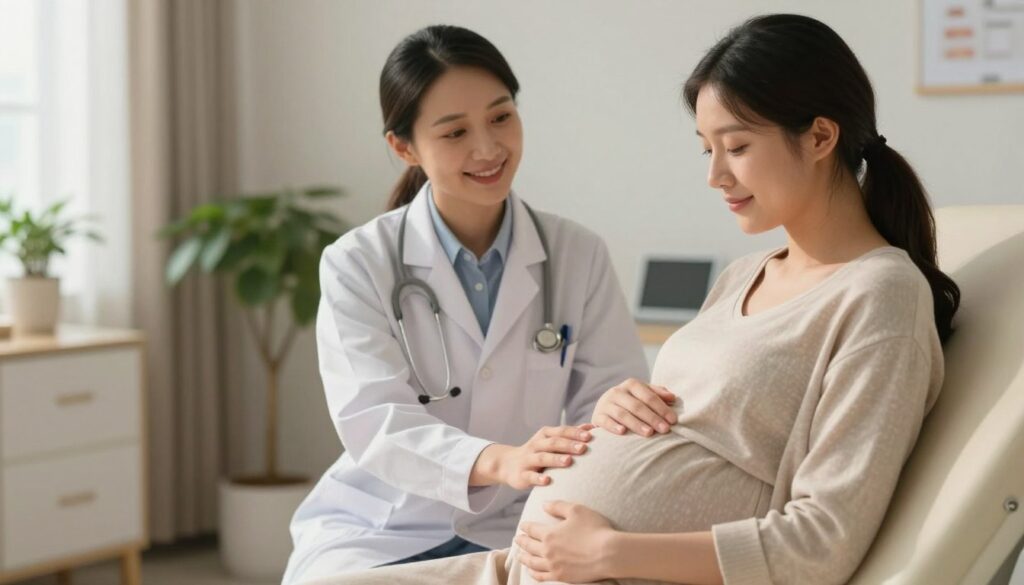 A serene scene depicting a young pregnant woman sitting in a cozy, softly lit doctor's office, exuding a sense of calm after undergoing a medical examination. In the foreground, she is gently cradling her stomach, wearing comfortable, modest attire, and has a serene expression on her face. In the middle, there's a reassuring doctor in professional attire, smiling and offering comfort, emphasizing a supportive environment. The background features soothing colors, with plants and soft lighting creating a peaceful atmosphere. The lighting is warm, with soft shadows that enhance the feeling of tranquility and safety. The focus is on the woman and the gentle interaction, conveying a mood of reassurance and emotional well-being. A serene scene depicting a young pregnant woman sitting in a cozy, softly lit doctor's office, exuding a sense of calm after undergoing a medical examination. In the foreground, she is gently cradling her stomach, wearing comfortable, modest attire, and has a serene expression on her face. In the middle, there's a reassuring doctor in professional attire, smiling and offering comfort, emphasizing a supportive environment. The background features soothing colors, with plants and soft lighting creating a peaceful atmosphere. The lighting is warm, with soft shadows that enhance the feeling of tranquility and safety. The focus is on the woman and the gentle interaction, conveying a mood of reassurance and emotional well-being.