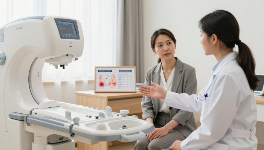 A serene, well-lit medical consultation room featuring a modern mammography machine. In the foreground, a healthcare professional, dressed in a crisp white lab coat, is explaining mammography costs to a female patient in professional business attire. The patient appears engaged and thoughtful, sitting on an examination table with a calm expression. In the middle ground, diagrams of breast health and pricing charts are elegantly displayed on a wooden desk, enhancing the informative atmosphere. The background shows a bright window with soft natural light filtering through, contributing to a reassuring setting. The overall mood is one of professionalism and trust, aiming to evoke a sense of care and clarity about private mammography costs.