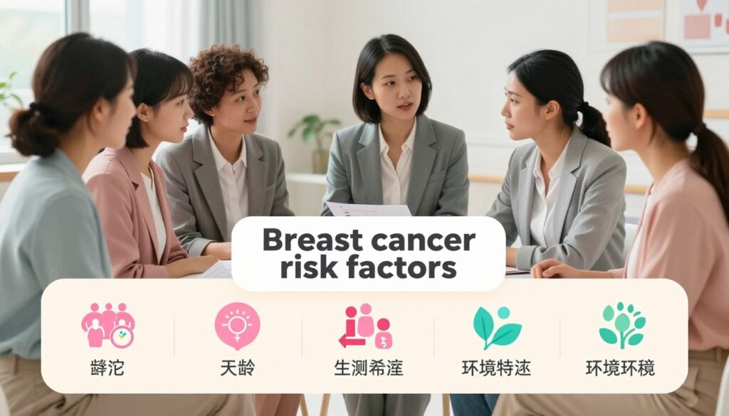 A stylized illustration focused on the concept of "breast cancer risk factors." In the foreground, an infographic-style layout presenting key risk factors such as genetics, age, lifestyle choices, and environmental influences, depicted through icons and symbols. The middle ground features a diverse group of women in professional business attire, engaged in conversation while analyzing health data. The background displays a serene hospital environment with soft lighting, emphasizing a sense of professionalism and care. The mood is informative yet approachable, promoting awareness and understanding. A warm color palette of pastels creates an inviting atmosphere, enhancing the educational theme without any text or logos.