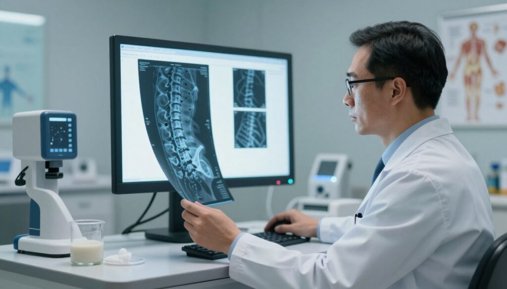 A thorough depiction of advanced imaging techniques for spinal assessment is essential. Foreground: a detailed, realistic digital illustration of a spinal X-ray image showing potential abnormalities, such as small dark spots indicating possible cancerous changes. Middle ground: a professional radiologist in a white lab coat, wearing glasses, examining the X-ray on a bright backlit screen, focused and contemplative expression. Background: a modern medical imaging room with advanced equipment, soft lighting emphasizing the clinical ambiance, and anatomical charts subtly displayed on the walls. The atmosphere should convey a sense of seriousness and professionalism, symbolizing the critical role of imaging studies in cancer detection. The overall composition should be clear, informative, and suitable for a medical article.