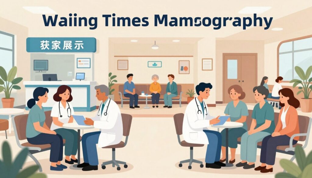 A visually informative illustration depicting the differences in waiting times for mammography exams at various healthcare facilities. In the foreground, a respectful and professional environment featuring healthcare professionals, such as doctors and nurses, in business attire discussing patient care. In the middle ground, a distinct, varied representation of clinics, showing differences in their settings—one facility appearing modern and high-tech while another has a more traditional, welcoming atmosphere. The background captures a serene waiting area with diverse patients of different ages and backgrounds, creating a sense of anticipation. Soft, natural lighting enters through large windows, casting a calm glow over the scene. The overall mood is informative and reassuring, aiming to highlight the importance of patience and care in healthcare.