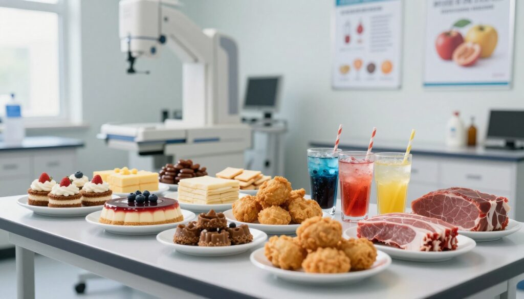 A visually striking medical scene in a bright, sterile environment depicting a table filled with various forbidden foods that patients should avoid before undergoing an X-ray examination. In the foreground, showcase unhealthy items like rich desserts, fried foods, carbonated drinks, and heavy meats, presented in an organized manner, symbolizing dietary restrictions. The middle space features a clinical lab setting with X-ray machines and medical posters on nutrition. In the background, soft, natural lighting illuminates the scene, creating a calm and informative atmosphere. The angle should be slightly elevated, capturing the details of both the forbidden foods and the clinical context, emphasizing the importance of dietary choices before medical procedures. A visually striking medical scene in a bright, sterile environment depicting a table filled with various forbidden foods that patients should avoid before undergoing an X-ray examination. In the foreground, showcase unhealthy items like rich desserts, fried foods, carbonated drinks, and heavy meats, presented in an organized manner, symbolizing dietary restrictions. The middle space features a clinical lab setting with X-ray machines and medical posters on nutrition. In the background, soft, natural lighting illuminates the scene, creating a calm and informative atmosphere. The angle should be slightly elevated, capturing the details of both the forbidden foods and the clinical context, emphasizing the importance of dietary choices before medical procedures.