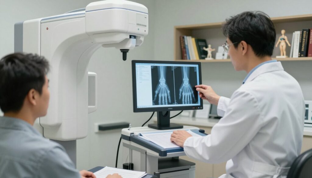 A well-lit diagnostic room featuring an x-ray machine focusing on a patient's wrist, with an x-ray image displayed prominently on the monitor showing detailed bone structures. In the foreground, a medical professional in a white lab coat stands attentively, analyzing the x-ray results. The middle ground reveals the x-ray machine with its clean and sterile environment, comprising clinical equipment like a workstation and medical charts. The background includes shelves filled with medical books and anatomical models, enhancing the clinical atmosphere. Soft overhead lighting illuminates the scene, creating a calm and focused mood, ideal for a professional diagnostic setting. The image conveys precision and care in a specialized medical context.