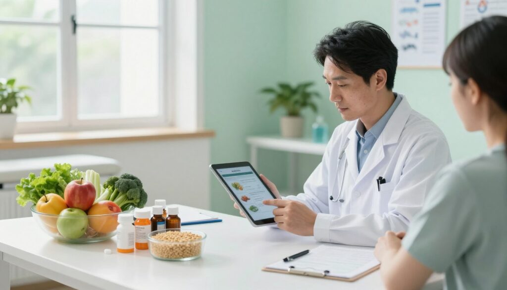 A well-organized medical setting depicting a professional healthcare environment focused on diet and pharmacology prior to an examination. In the foreground, a neatly arranged table features healthy foods such as fruits, vegetables, and whole grains, alongside prescription medications in elegant packaging. The middle ground showcases a healthcare professional in a white lab coat, reviewing a patient's dietary plan on a digital tablet. In the background, soft, natural light floods through large windows, illuminating the room filled with medical charts and calming decorations. The atmosphere is serene and informative, conveying preparation and care for patients undergoing spinal X-ray examinations. The color palette consists of soft greens and blues, emphasizing health and tranquility.