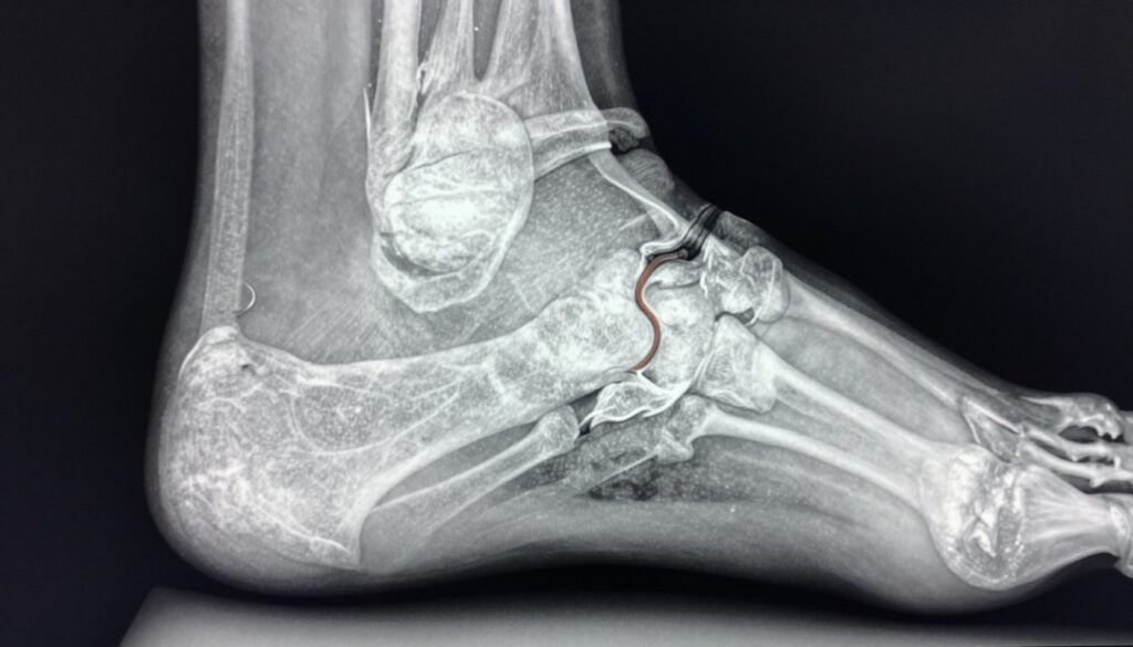An X-ray image of the Haglund’s heel (pięta Haglunda) viewed from a lateral angle, showcasing the characteristic bony prominence at the posterior aspect of the calcaneus. The image should display clear details of the heel bone structure, with a focus on the Achilles tendon attachment point, emphasizing any potential changes or abnormalities. The foreground features the distinct contours of the calcaneus and surrounding soft tissues, providing a stark contrast against the radiographic background. Utilize soft, diffused lighting to enhance visibility of subtle anatomical features, maintaining a clinical atmosphere. Aim for a high-resolution, realistic appearance, capturing the essence of diagnostic imaging while ensuring an educational and informative tone. The overall composition should be sterile and professional, avoiding any distractions from the main subject.