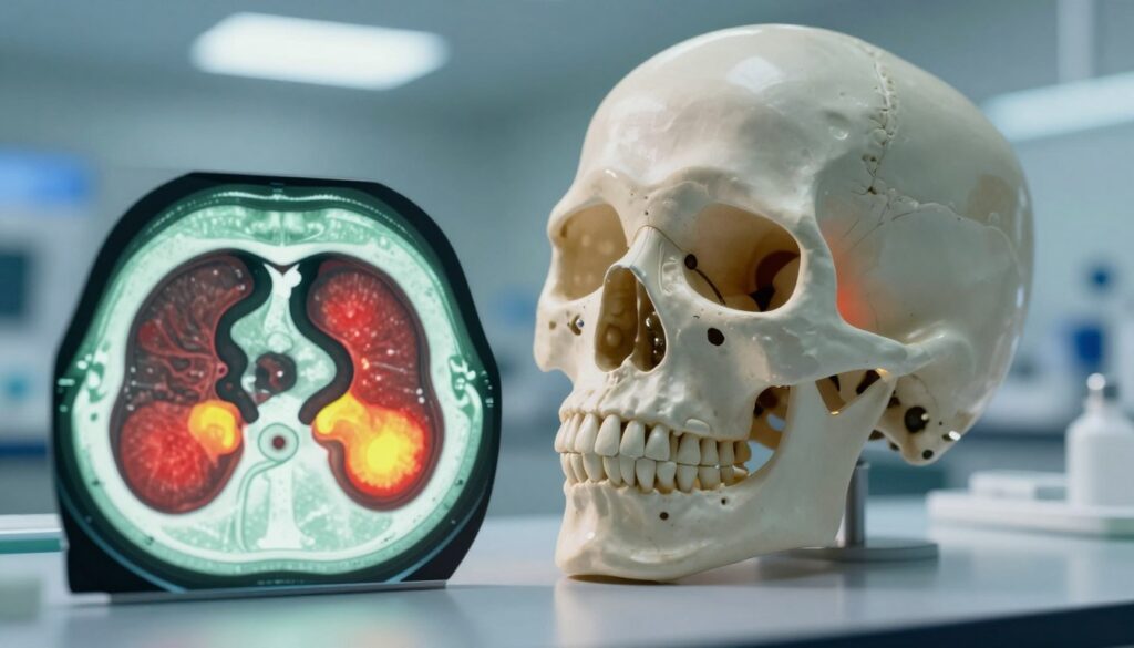 An anatomical illustration depicting inflammation detection in the sinuses. In the foreground, a close-up of a sinus CT scan showing clear signs of inflammation, highlighted in red and yellow tones, juxtaposed with a healthy sinus image in green hues. In the middle ground, a human skull model is seen at an angle, with the nasal cavity and sinus areas subtly illuminated, emphasizing the detected inflammation. The background features a blurred medical laboratory scene with soft, clinical lighting to create a professional atmosphere. Shadows cast over the area enhance depth and focus. The overall mood is informative and clinically precise, targeted towards medical professionals studying sinus conditions.
