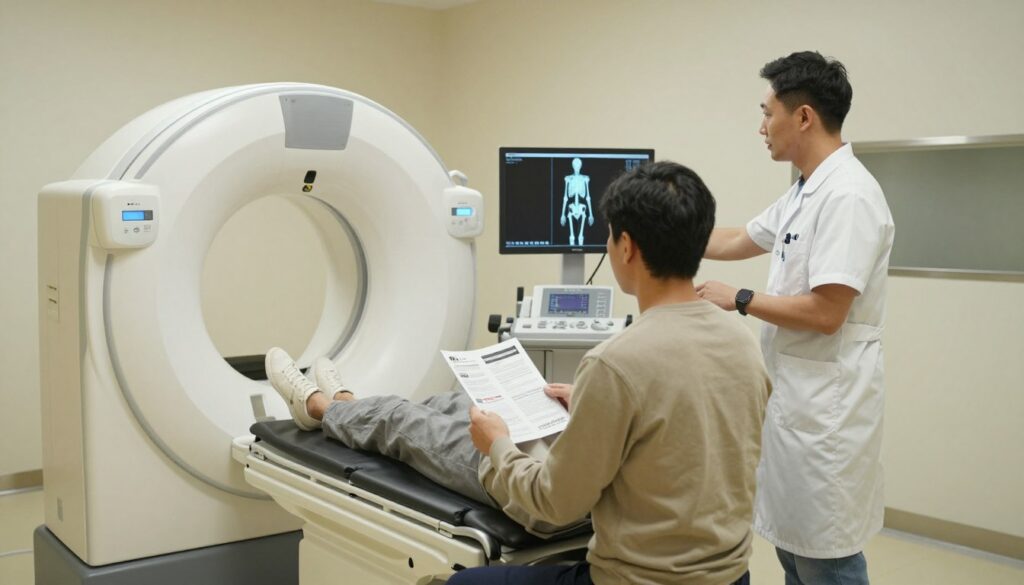 An interior of a modern diagnostic imaging room, elegantly designed for a comfortable experience. In the foreground, a patient sits on an examination table dressed in modest, casual clothing, reading informational materials about X-ray procedures. A technician, wearing professional medical attire, stands beside a state-of-the-art X-ray machine, adjusting settings with a focused expression. In the middle background, a large monitor displays a skeletal structure as a visual guide. Soft, diffused lighting creates a calming atmosphere, enhancing the professionalism of the setting. The angle captures the interaction between the technician and the patient, emphasizing a sense of reassurance and preparedness for the upcoming procedure, while the sterile, organized environment reinforces the clinical aspect of the visit. An interior of a modern diagnostic imaging room, elegantly designed for a comfortable experience. In the foreground, a patient sits on an examination table dressed in modest, casual clothing, reading informational materials about X-ray procedures. A technician, wearing professional medical attire, stands beside a state-of-the-art X-ray machine, adjusting settings with a focused expression. In the middle background, a large monitor displays a skeletal structure as a visual guide. Soft, diffused lighting creates a calming atmosphere, enhancing the professionalism of the setting. The angle captures the interaction between the technician and the patient, emphasizing a sense of reassurance and preparedness for the upcoming procedure, while the sterile, organized environment reinforces the clinical aspect of the visit.